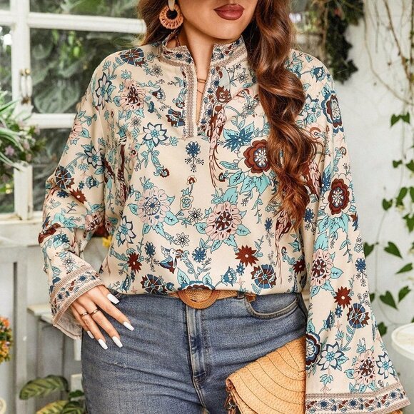 Multicolor Boho Women's Floral Print Full Sleeve Bell Sleeve Blouse - Picture 3 of 5